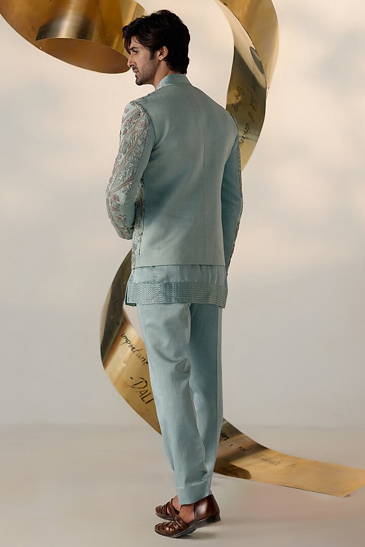 Chateau Grey Linen Silk Zardosi Hand Embroidered Indo-Western Set by Jatin Malik at Pernia's Pop Up Shop