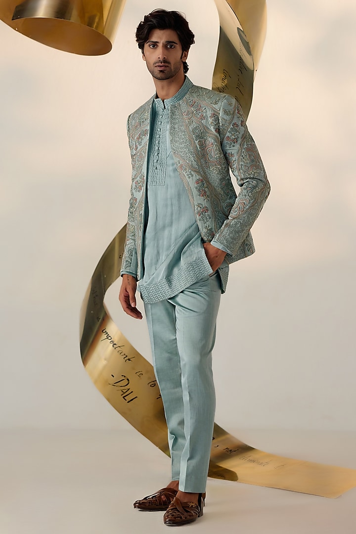 Chateau Grey Linen Silk Zardosi Hand Embroidered Indo-Western Set by Jatin Malik at Pernia's Pop Up Shop