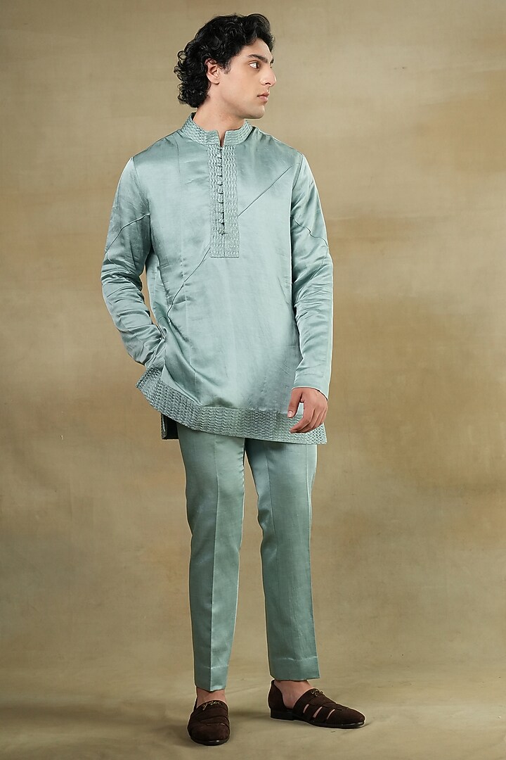 Chateau Grey Linen Silk Zardosi Hand Embroidered Indo-Western Set by Jatin Malik at Pernia's Pop Up Shop