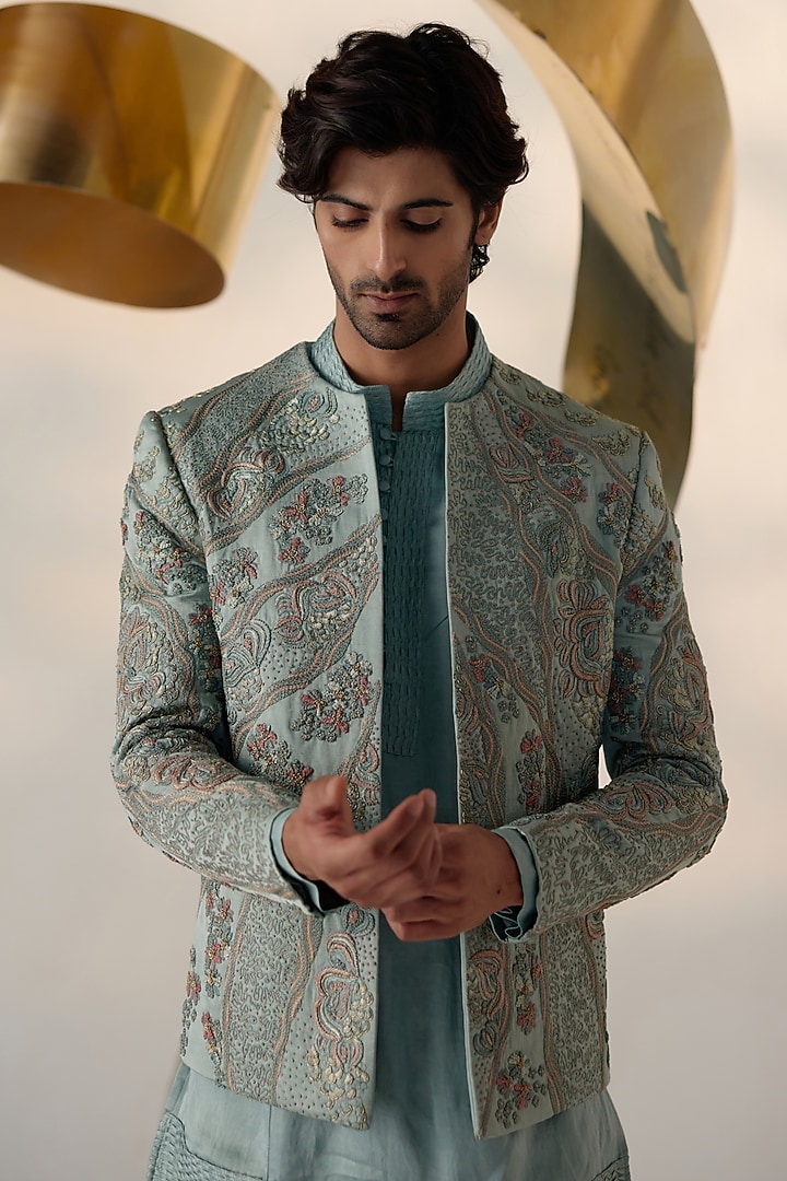 Chateau Grey Linen Silk Zardosi Hand Embroidered Indo-Western Set by Jatin Malik at Pernia's Pop Up Shop
