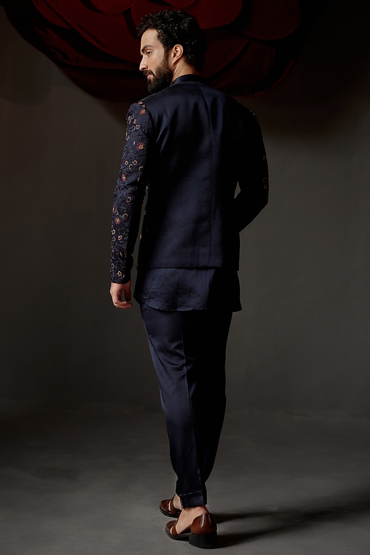 Midnight Blue Linen Silk Zardosi Hand Embroidered Indo-Western Set by Jatin Malik at Pernia's Pop Up Shop