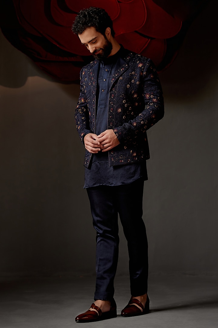 Midnight Blue Linen Silk Zardosi Hand Embroidered Indo-Western Set by Jatin Malik at Pernia's Pop Up Shop