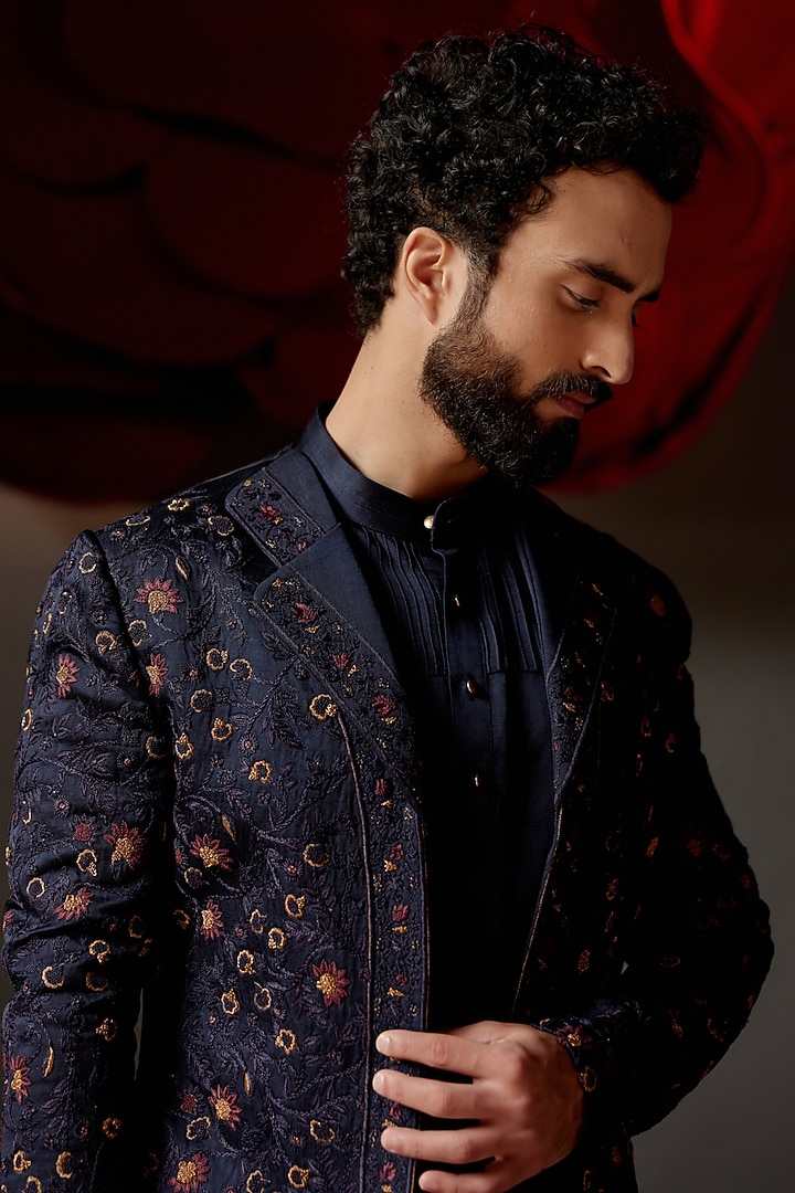 Midnight Blue Linen Silk Zardosi Hand Embroidered Indo-Western Set by Jatin Malik at Pernia's Pop Up Shop