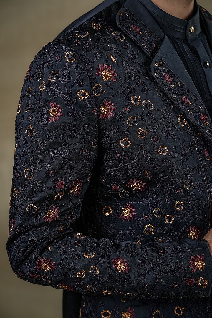 Midnight Blue Linen Silk Zardosi Hand Embroidered Indo-Western Set by Jatin Malik at Pernia's Pop Up Shop
