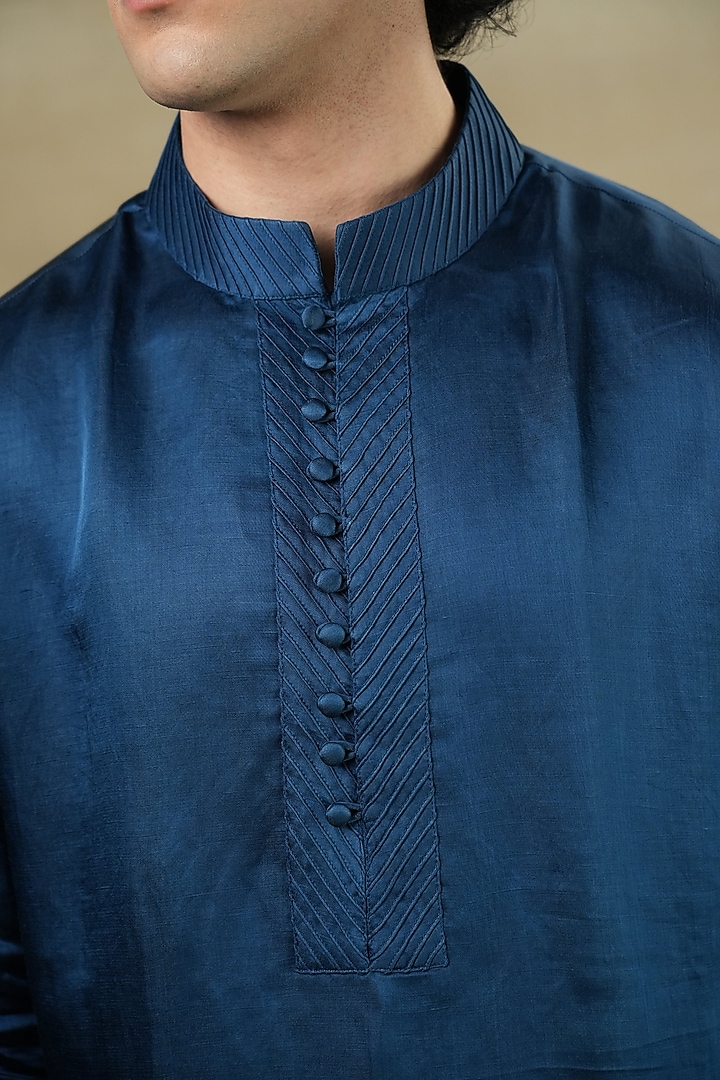 Teal Blue Linen Silk Pintucks Kurta Set by Jatin Malik at Pernia's Pop Up Shop