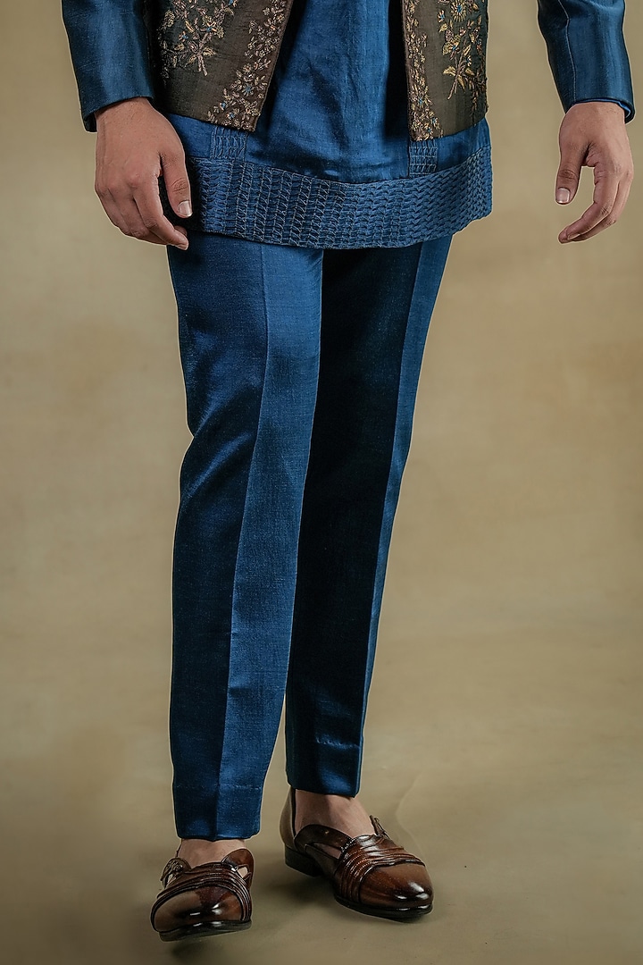 Teal Blue Linen Silk Pintucks Kurta Set by Jatin Malik at Pernia's Pop Up Shop