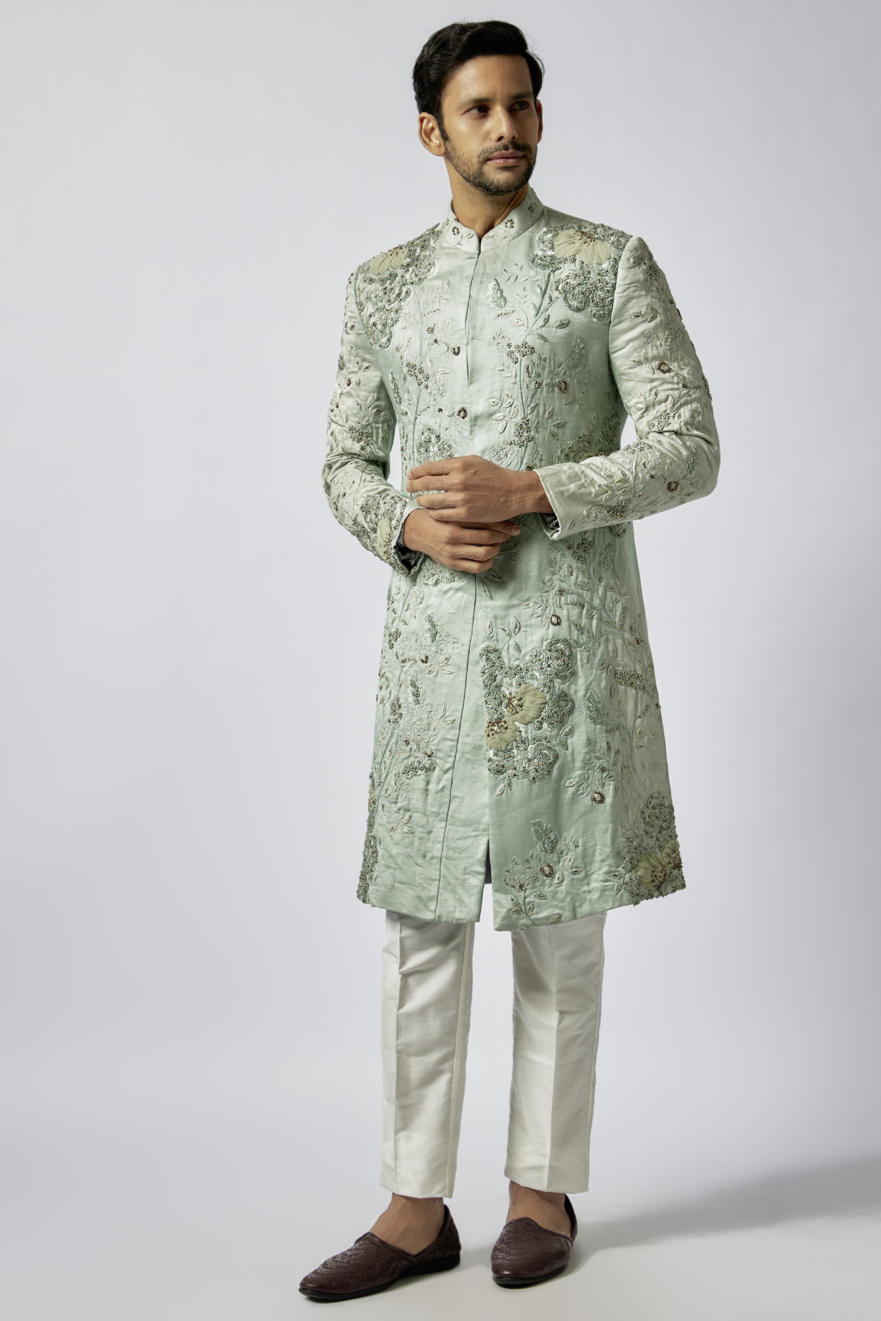Mint Silk Embroidered Sherwani by Jatin Malik