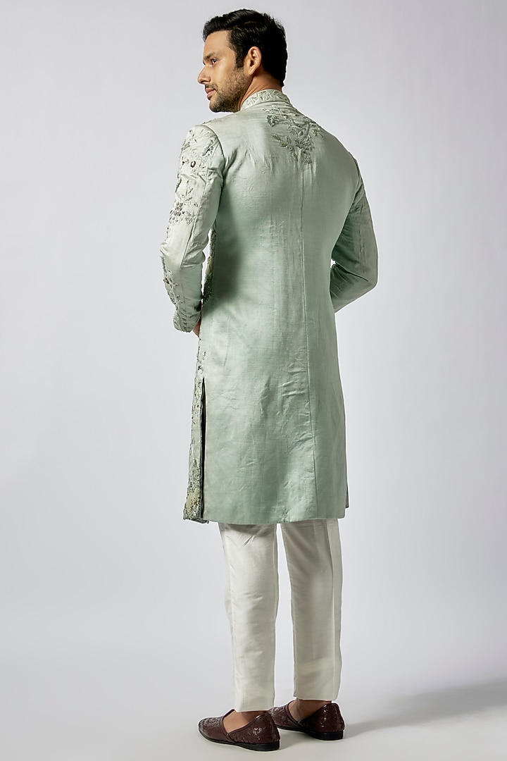 Mint Silk Embroidered Sherwani by Jatin Malik at Pernia's Pop Up Shop