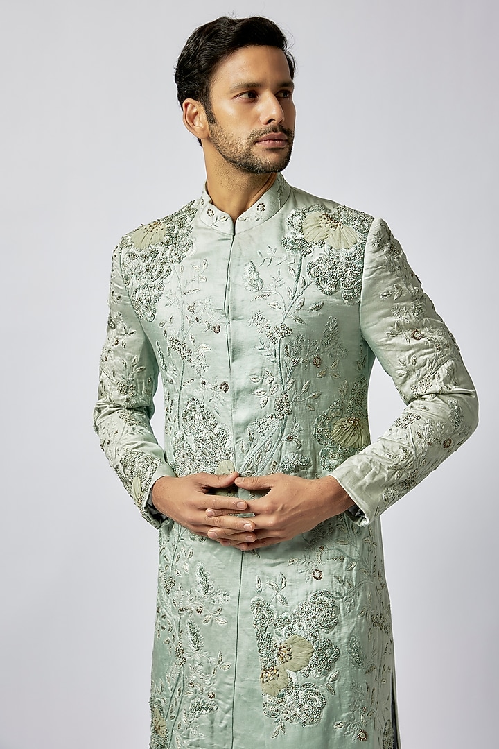 Mint Silk Embroidered Sherwani by Jatin Malik at Pernia's Pop Up Shop