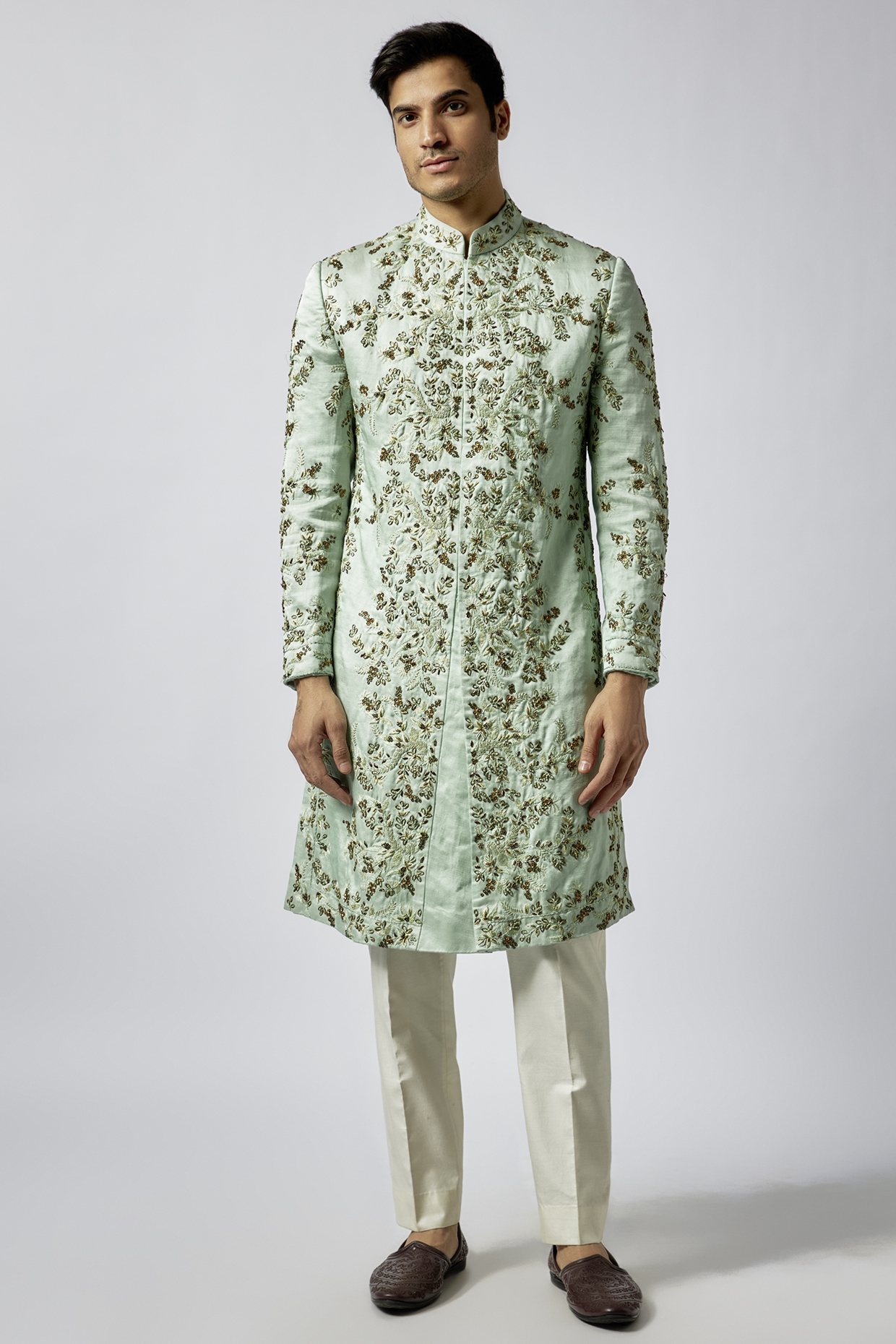 Mint Silk Embroidered Sherwani by Jatin Malik