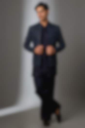 Midnight Blue Linen Silk Groom Indowestern Set by Jatin Malik at Pernia's Pop Up Shop