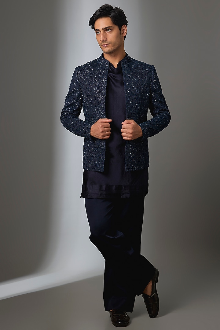 Midnight Blue Linen Silk Groom Indowestern Set by Jatin Malik at Pernia's Pop Up Shop