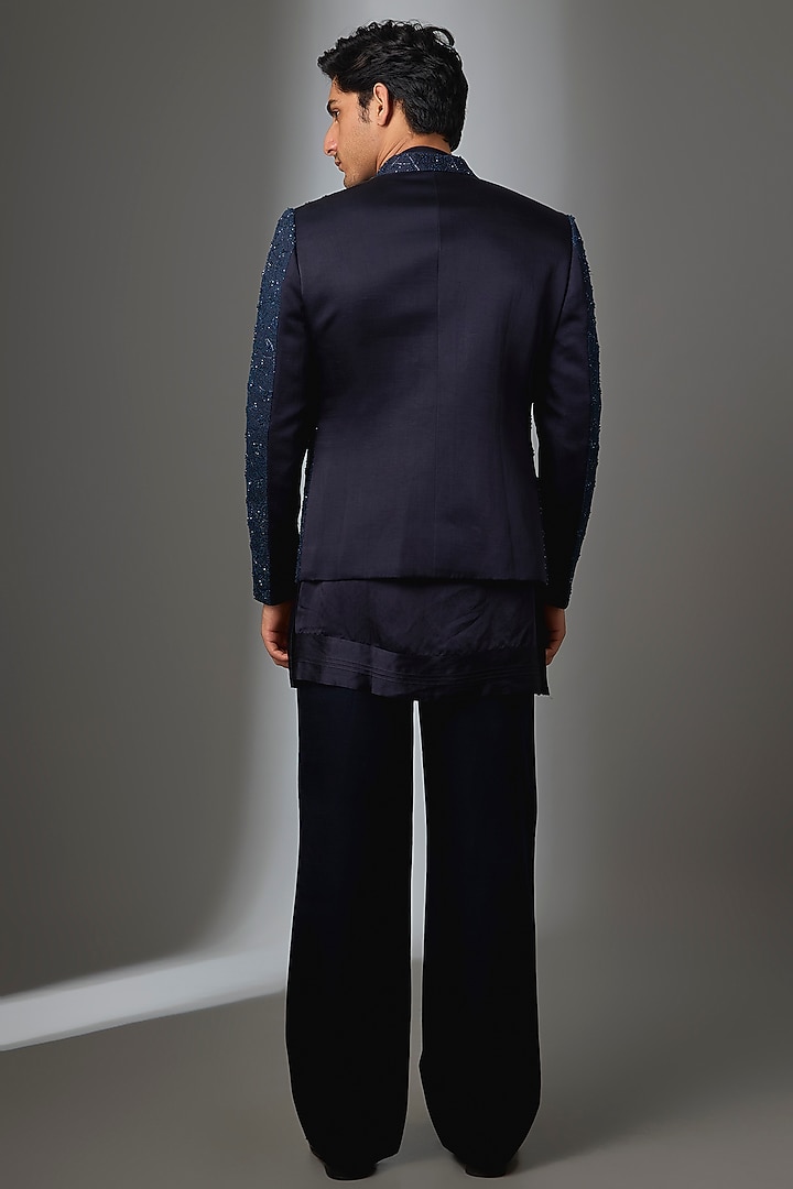 Midnight Blue Linen Silk Groom Indowestern Set by Jatin Malik at Pernia's Pop Up Shop