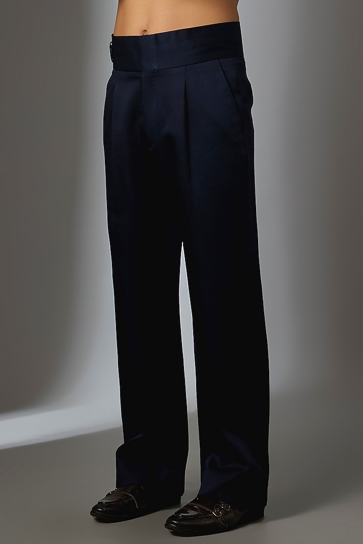 Midnight Blue Linen Silk Groom Indowestern Set by Jatin Malik at Pernia's Pop Up Shop