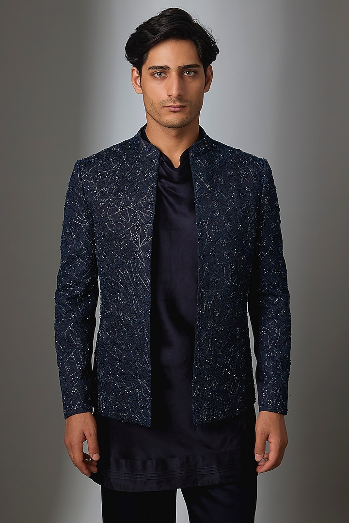 Midnight Blue Linen Silk Groom Indowestern Set by Jatin Malik at Pernia's Pop Up Shop