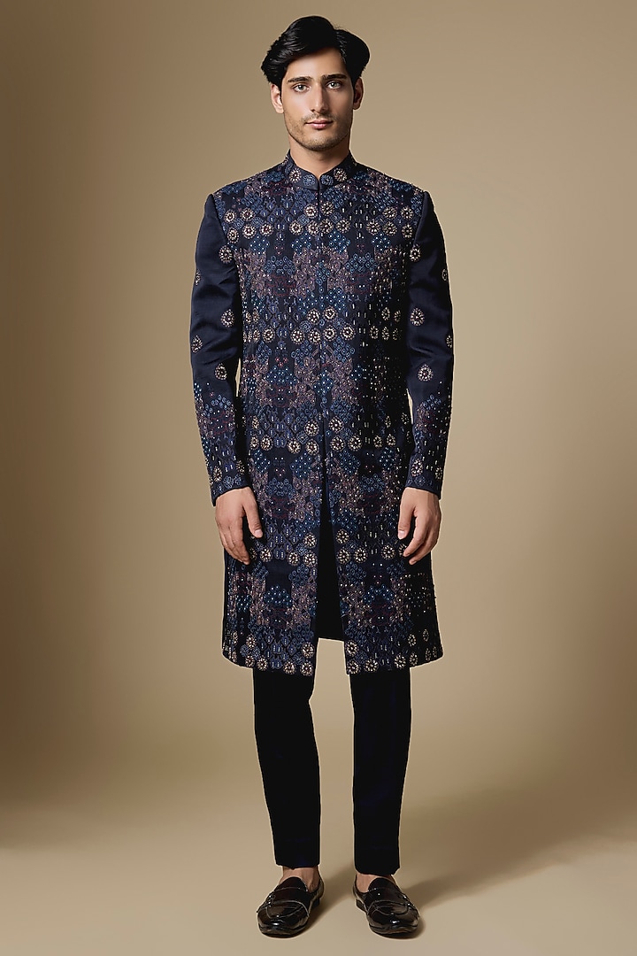 Midnight Blue Silk Groom Sherwani Set by Jatin Malik at Pernia's Pop Up Shop