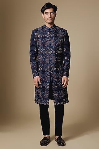 Midnight Blue Silk Sherwani Set by Jatin Malik