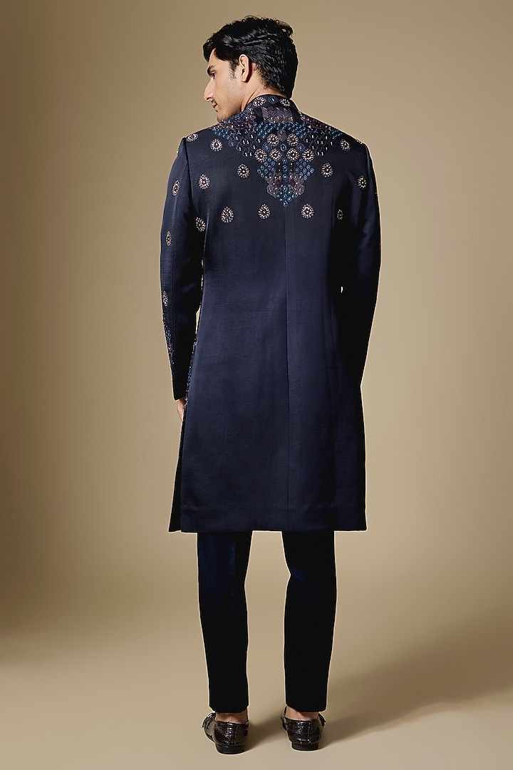 Midnight Blue Silk Groom Sherwani Set by Jatin Malik at Pernia's Pop Up Shop
