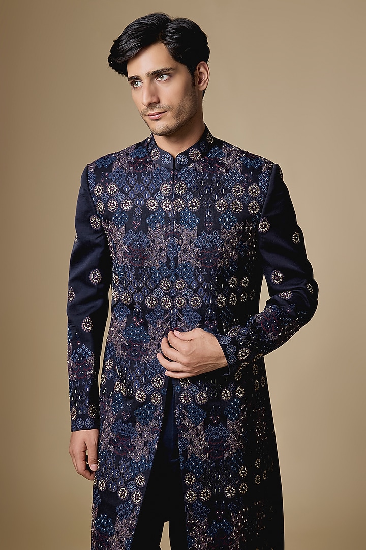Midnight Blue Silk Groom Sherwani Set by Jatin Malik at Pernia's Pop Up Shop
