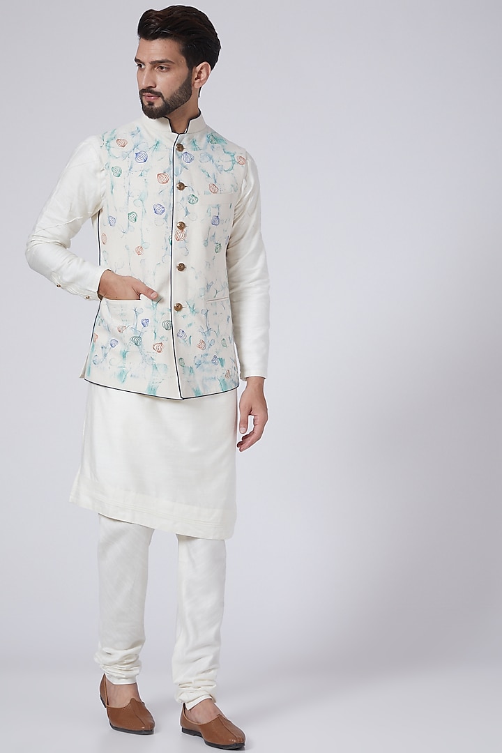 Ivory Textured Kurta Set With Nehru Jacket by Jatin Malik