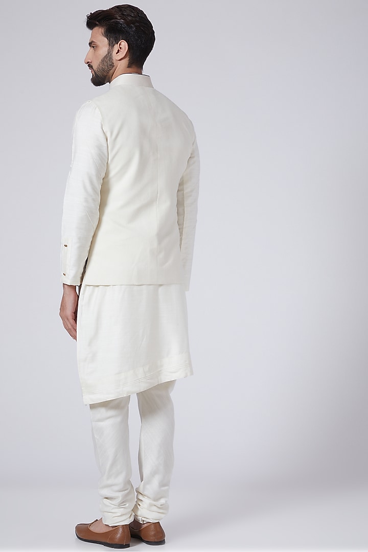 Ivory Slub Silk Hand Textured Nehru Jacket Set by Jatin Malik at Pernia's Pop Up Shop