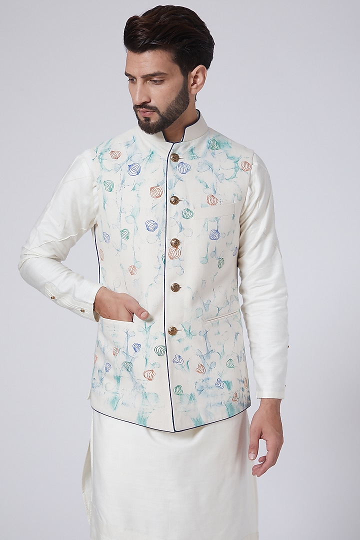 Ivory Slub Silk Hand Textured Nehru Jacket Set by Jatin Malik at Pernia's Pop Up Shop
