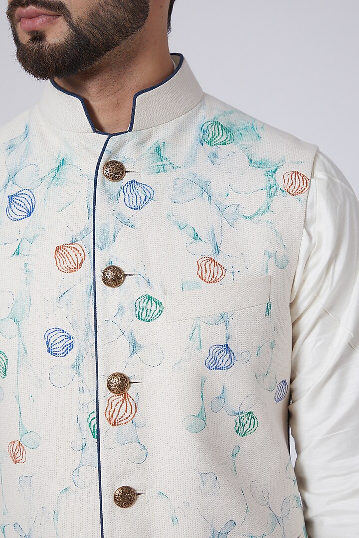 Ivory Slub Silk Hand Textured Nehru Jacket Set by Jatin Malik at Pernia's Pop Up Shop
