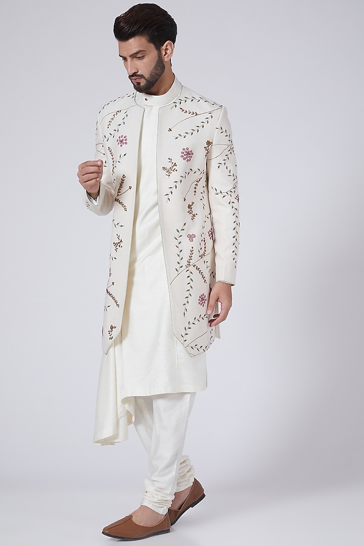 Ivory Hand Textured Kurta Set With Jacket by Jatin Malik