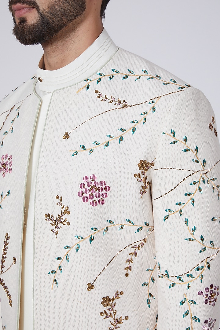 Ivory Hand Textured Kurta Set With Jacket by Jatin Malik at Pernia's Pop Up Shop