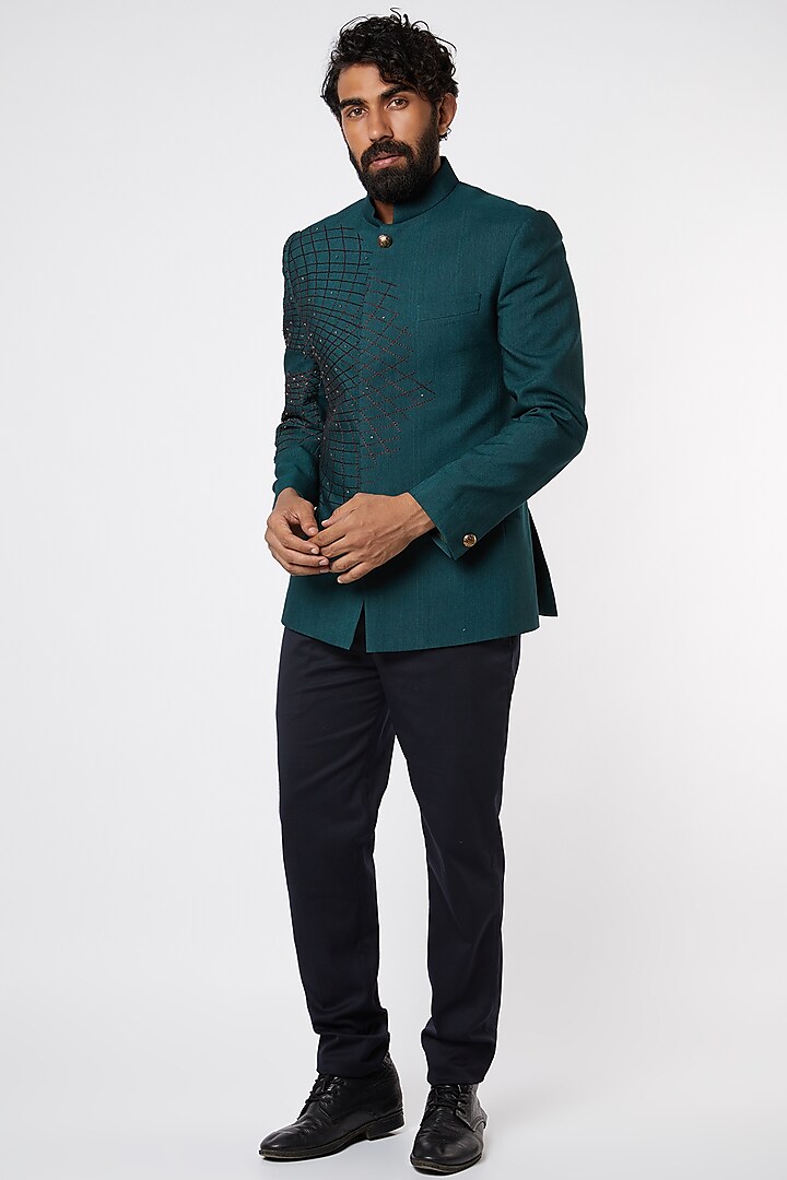 Emerald Green Embroidered Bandhgala Jacket Set by Jatin Malik
