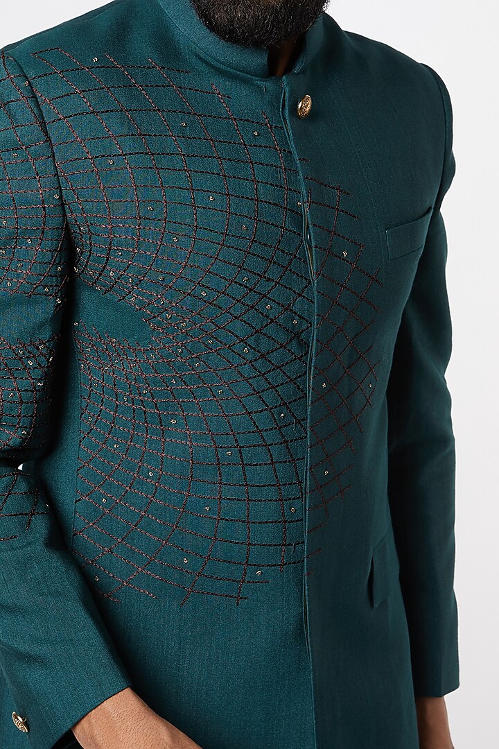Emerald Green Embroidered Wedding Bandhgala Jacket Set by Jatin Malik at Pernia's Pop Up Shop