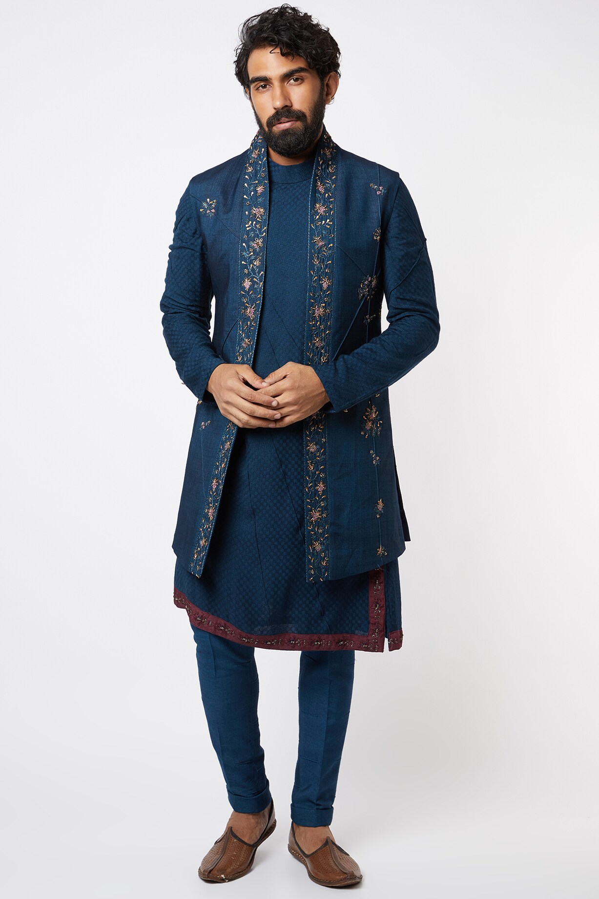 Midnight Blue Asymmetrical Hemline Embroidered kurta Set