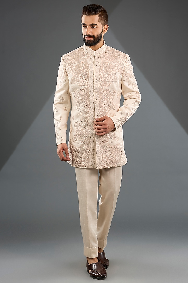 Blush Linen Silk & Crepe Bandhgala Set by Jatin Malik at Pernia's Pop Up Shop
