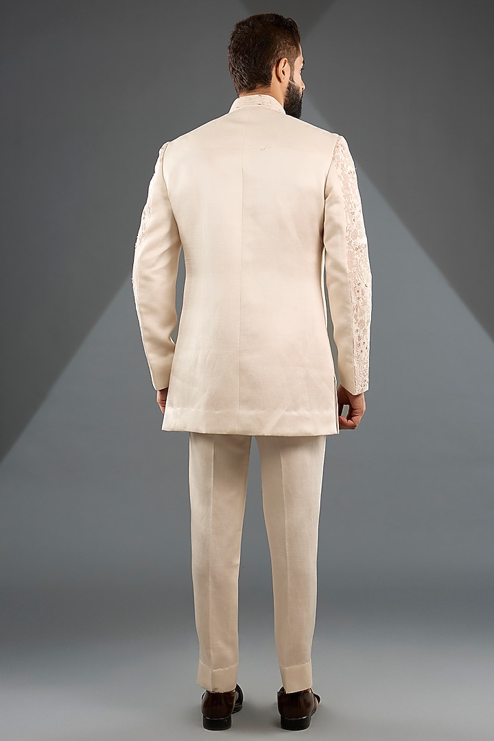 Blush Linen Silk & Crepe Bandhgala Set by Jatin Malik at Pernia's Pop Up Shop