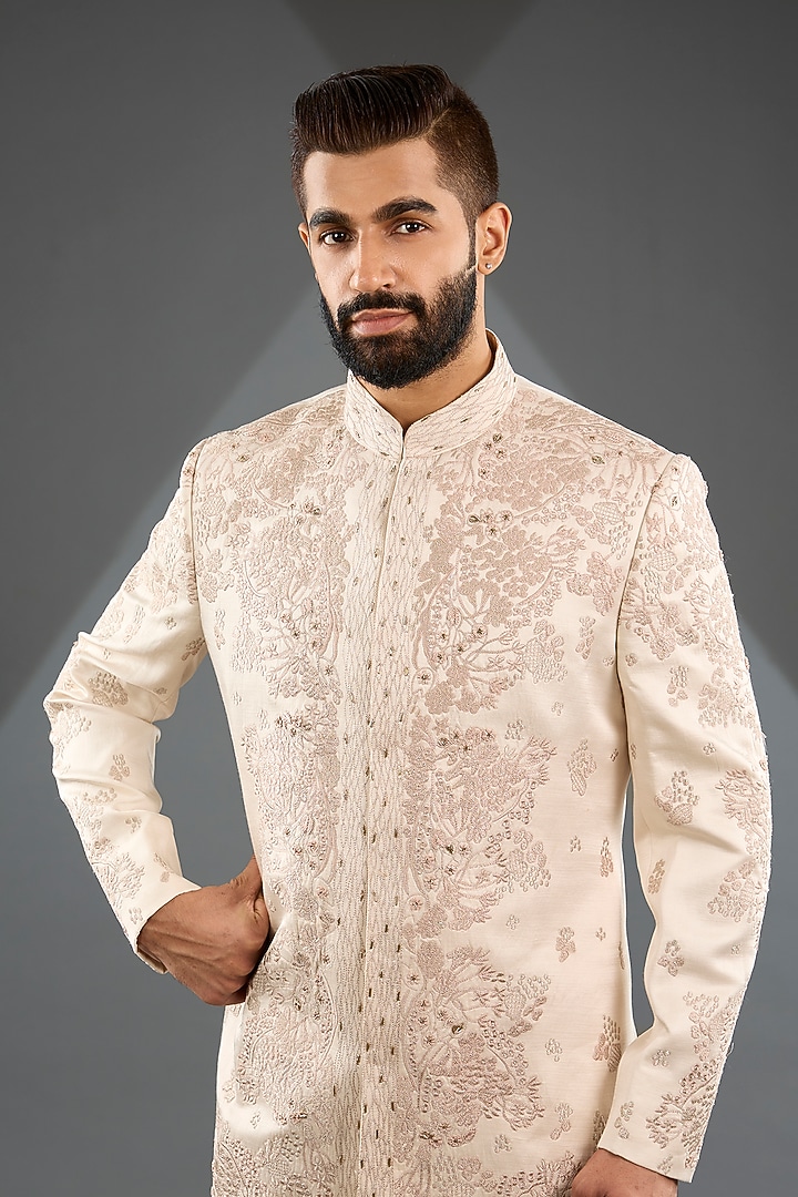 Blush Linen Silk & Crepe Bandhgala Set by Jatin Malik at Pernia's Pop Up Shop