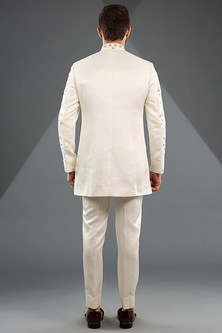 Ivory Linen Silk & Crepe Groom Indowestern Set by Jatin Malik at Pernia's Pop Up Shop