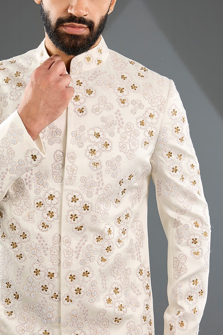 Ivory Linen Silk & Crepe Groom Indowestern Set by Jatin Malik at Pernia's Pop Up Shop