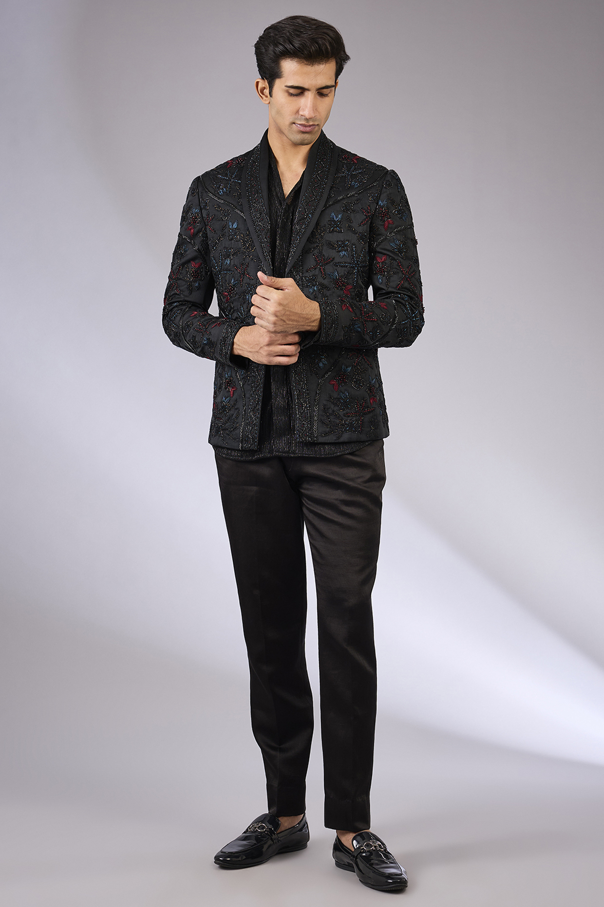 Black Linen Silk Indowestern Jacket Set by Jatin Malik