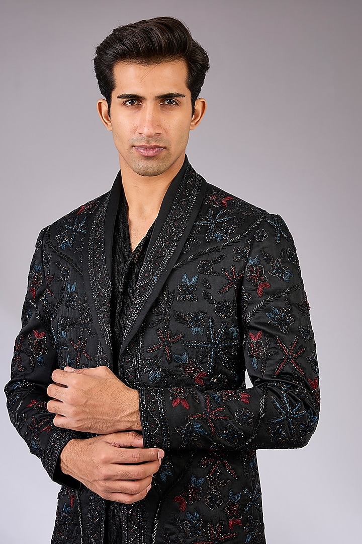 Black Linen Silk Indowestern Jacket Set by Jatin Malik at Pernia's Pop Up Shop