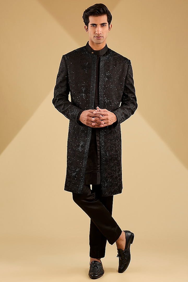 Black Linen Silk Indowestern Set by Jatin Malik at Pernia's Pop Up Shop