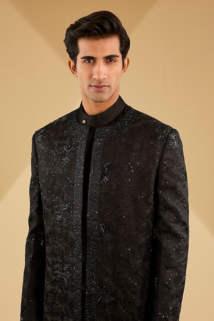 Black Linen Silk Indowestern Set by Jatin Malik at Pernia's Pop Up Shop