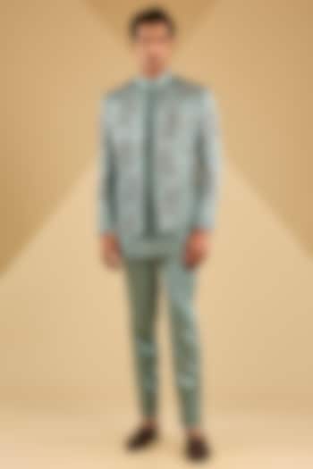 Chateau Grey Linen Silk Zardosi Hand Embroidered Indowestern Set by Jatin Malik at Pernia's Pop Up Shop