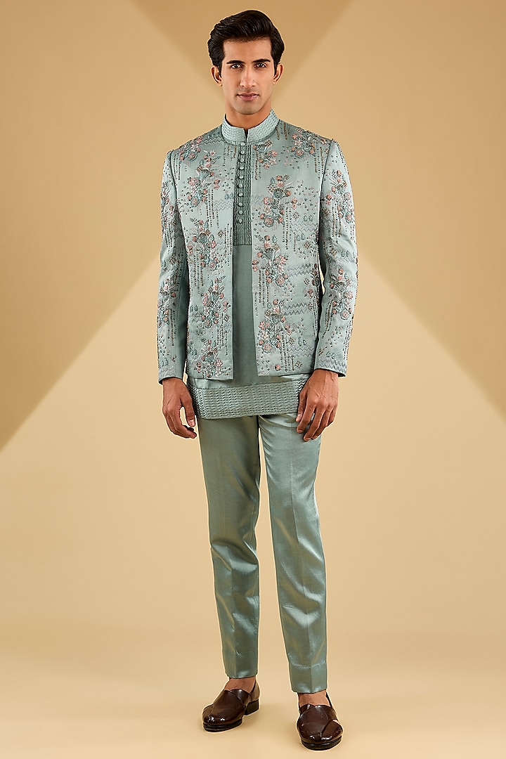 Chateau Grey Linen Silk Zardosi Hand Embroidered Indowestern Set by Jatin Malik at Pernia's Pop Up Shop