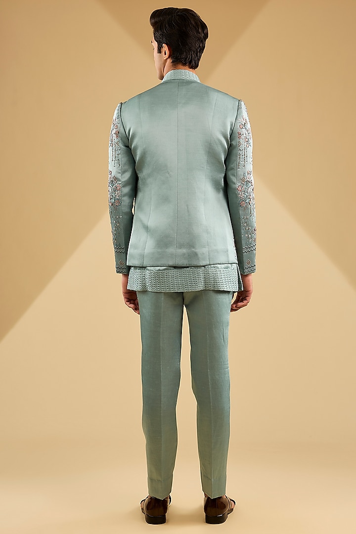 Chateau Grey Linen Silk Zardosi Hand Embroidered Indowestern Set by Jatin Malik at Pernia's Pop Up Shop