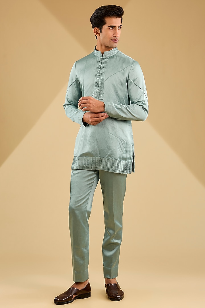 Chateau Grey Linen Silk Zardosi Hand Embroidered Indowestern Set by Jatin Malik at Pernia's Pop Up Shop