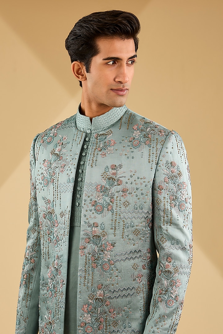Chateau Grey Linen Silk Zardosi Hand Embroidered Indowestern Set by Jatin Malik at Pernia's Pop Up Shop