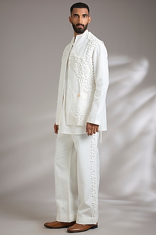 Ivory Cotton Linen Blend Shacket Set by Jatin Malik