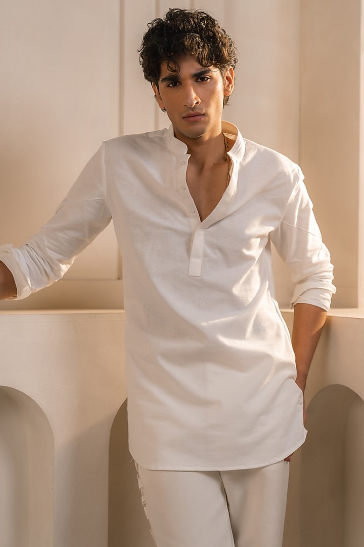 Ivory Cotton Linen Blend Shirt Kurta Set by Jatin Malik at Pernia's Pop Up Shop