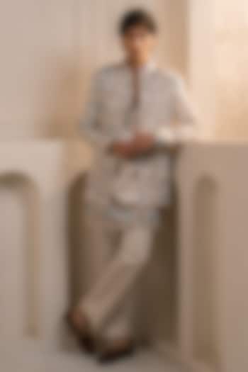 Silver Linen Silk Handpainted & Embroidered Jacket Set by Jatin Malik at Pernia's Pop Up Shop