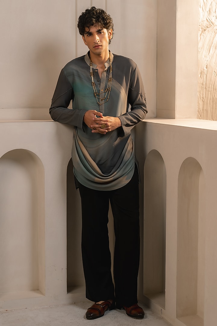 Grey Silk Crepe Draped Kurta Set by Jatin Malik at Pernia's Pop Up Shop